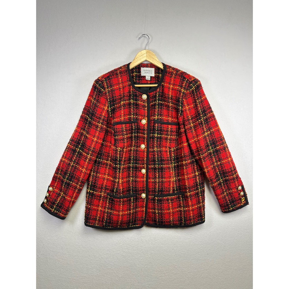 Vintage Amanda Smith II Red Plaid Tweed Blazer Jacket Women's 16W Button Front